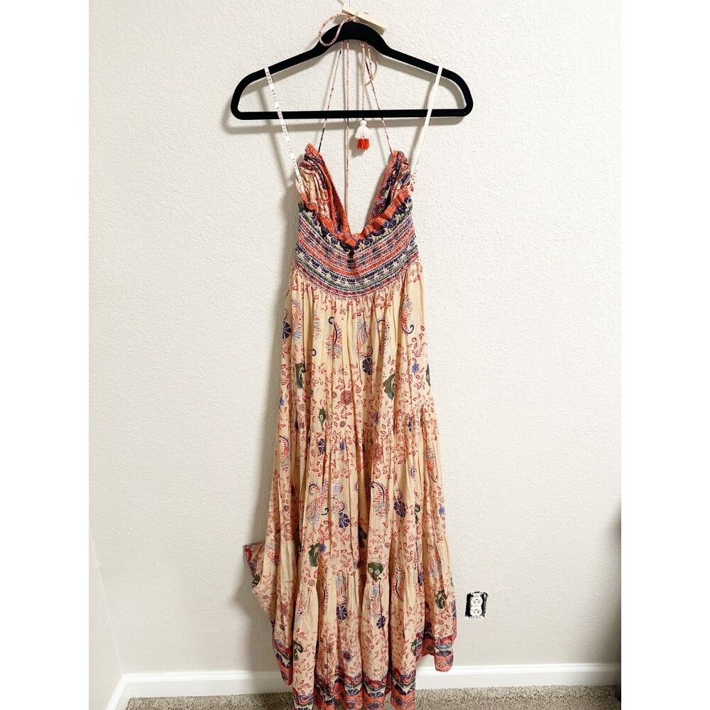 Raga Anthropologie Manisha Maxi Halter Dress V Neck‎ Tiered Ruffle Tassel Large - Picture 3 of 7